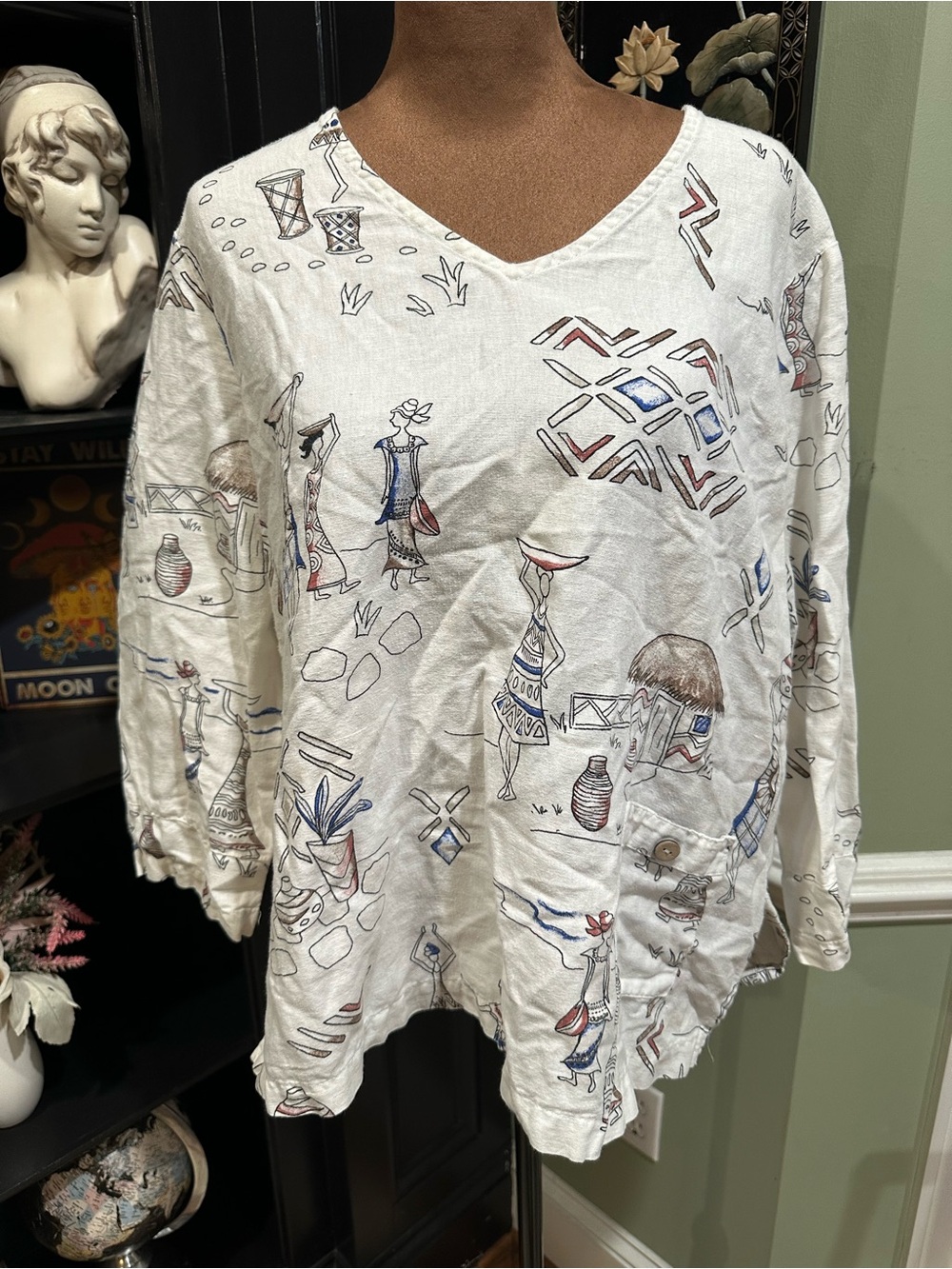 Hot Cotton Folk‑Art Linen‑Blend Top – Size Large